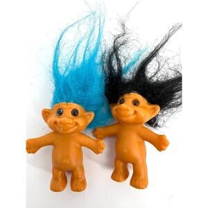 Vintage ACME 1991 Lucky Troll Doll Lot of 2 Small Troll Dolls Blue Black hair